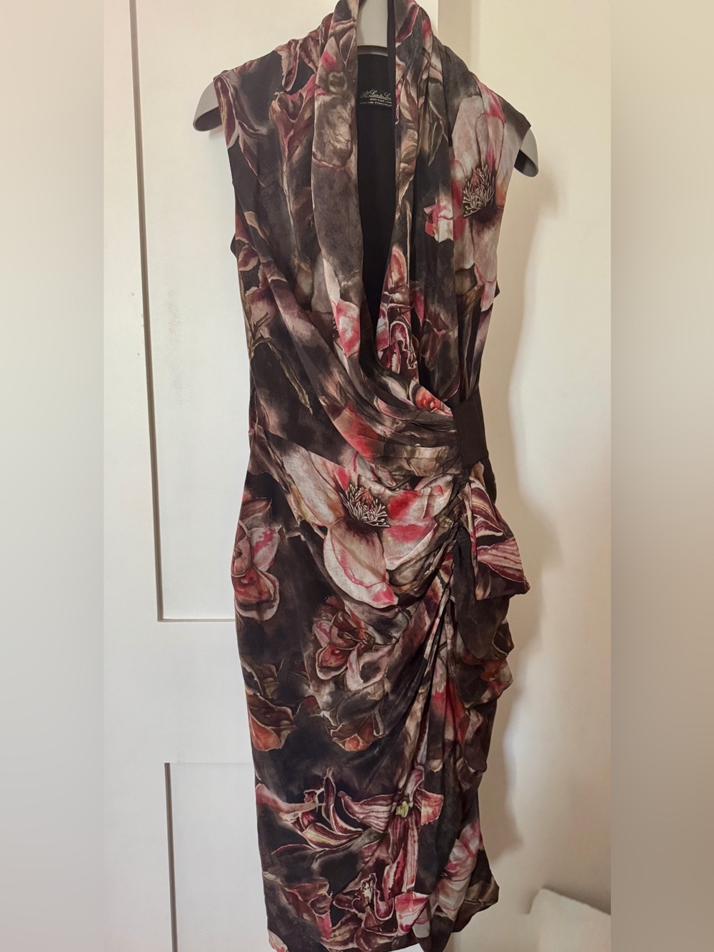 AllSaints Floral Draped Midi Dress in Brown and Pink size 8